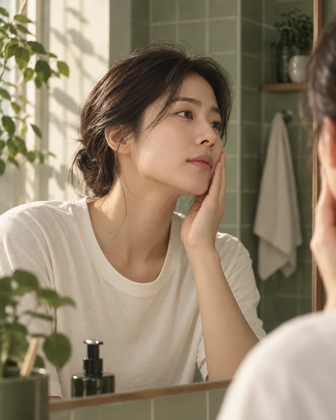 아침 햇살 아래 거울을 보며 피부를 관리하는 여성